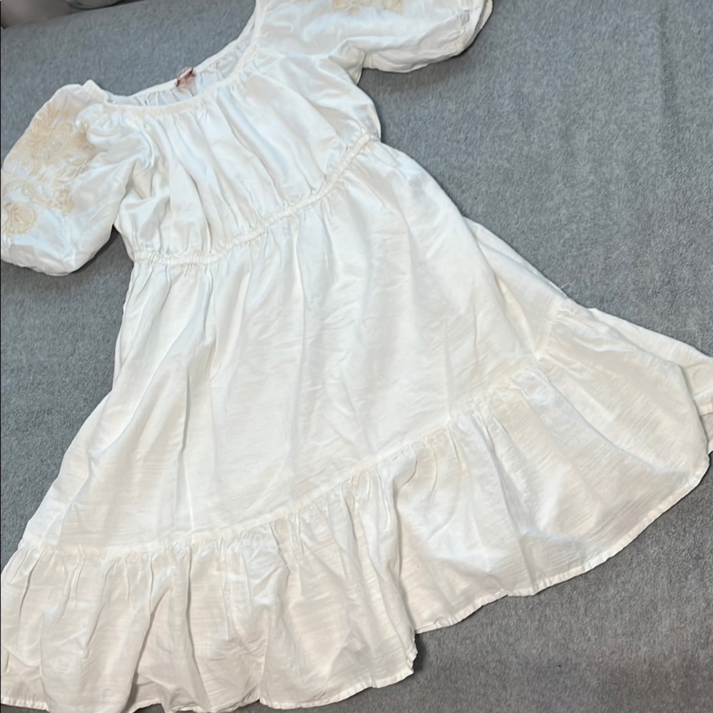 Ivory Boho Dress Small Puff Sleeve Embroidered Peasant Milkmaid Puff Sleeve